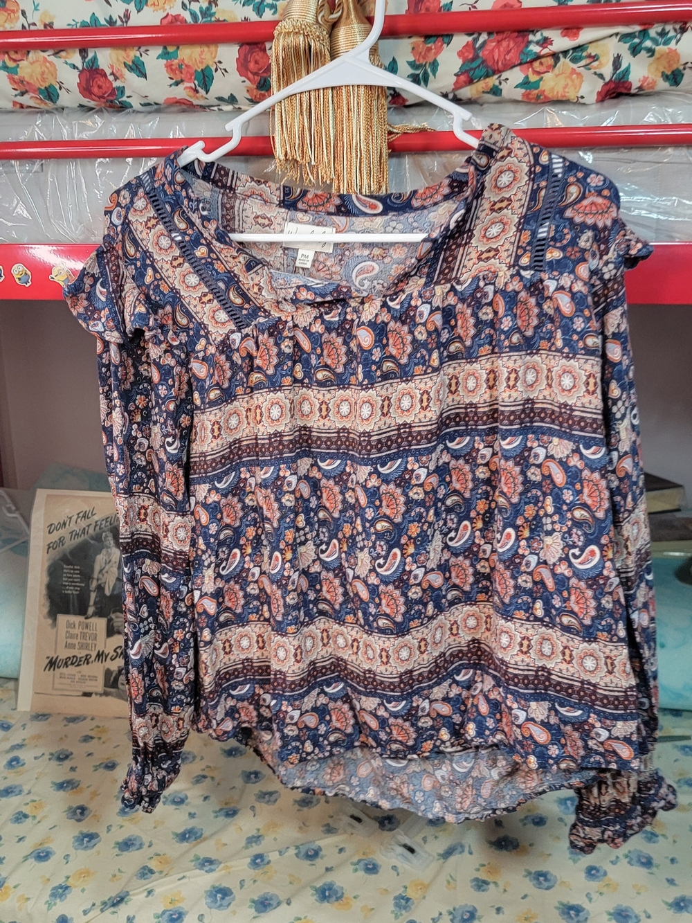Boho Paisley Print Long-Sleeve Blouse - Navy & Rust Size PM